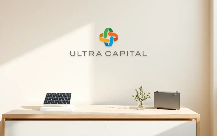 Ultra Capital mark on a warm plaster wall above a solar panel model and a battery cabinet model